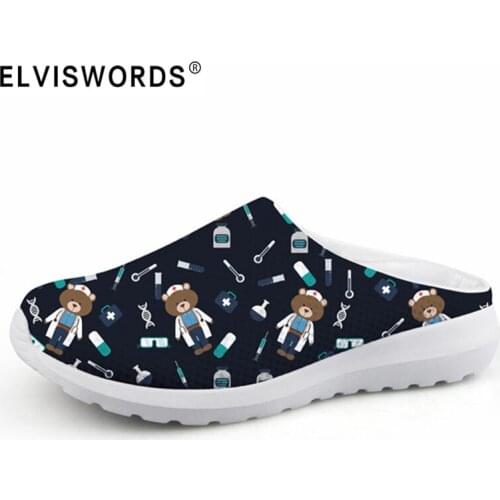 ELVISWORDS Light Weight Beach Water Shoes Female Cute Cartoon Medical Bear Printing Slip-on Slippers Summer Women Mesh Sandals