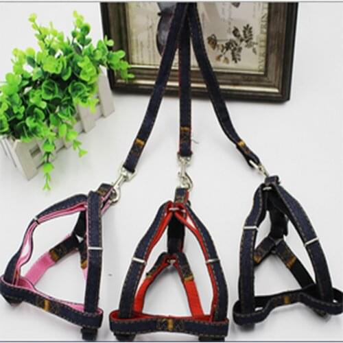 Medium and large dog denim stitching pet chain dog chest back traction rope 2 piece set