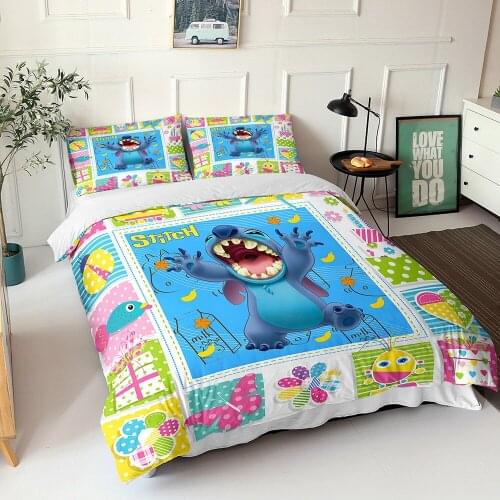 Disney 3D Printed Lilo & Lilo Bedding Set White Blue Duvet Quilt Cover Pillowcase Children Bedroom Decoration Home Textile