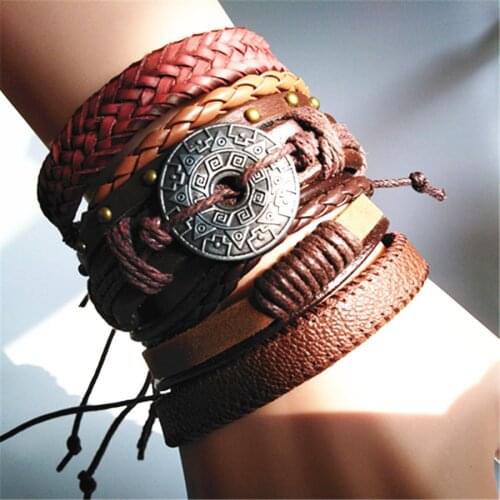 Brown Rivet Handmade Wrap Woven Black Fashion male Infinity Guitar Feather Leather Men Bracelets Women Wing Jewelry Bangle