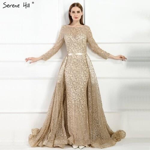 Muslim Gold Mermaid Long Luxury Gliter With Train Evening Dresses Gowns Party Wear For women 2021 Serene Hill LA6112