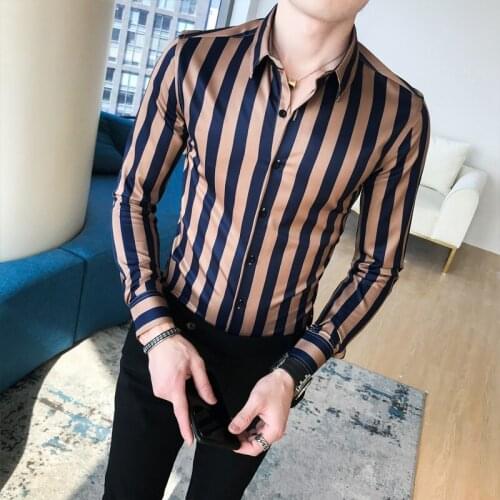 Mens Dress Shirts Autumn Vertical Stripe Streetwear Slim Men Shirt Casual Long Sleeve Chemise Homme Tuxedo Shirt