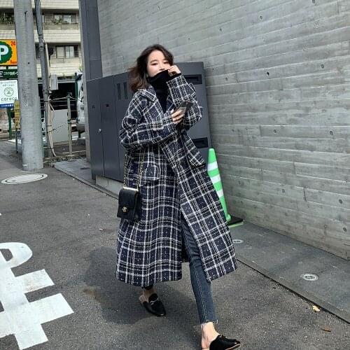 HStar New Autumn Winter Women Long Wool Blends Jackets Women Loose Tweed Plaid Jackets Trench Coats Outerwear Oversize