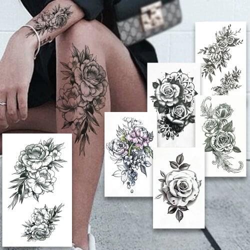 Daisy Flower Fake Temporary Tattoos For Women Female Realistic Rose Henna Tattoo Sticker Sexy Peony Bloosom Tatoo Body Arm Thigh