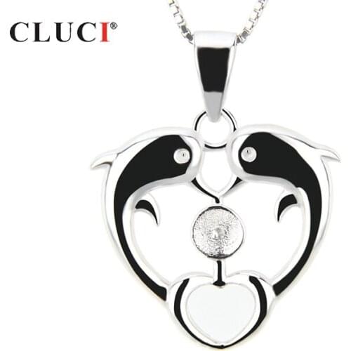 CLUCI Double Dolphin Shaped Pearl Pendant Mounting Silver 925 Jewelry Women Pendant for Necklace 925 Sterling Silver SP023SB
