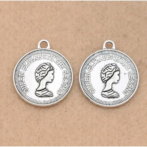 KJjewel Antique Silver Plated Elizabeth Charm Pendant for Bracelet Necklace Jewelry Making DIY Accessories 20mm 5pcs/lot