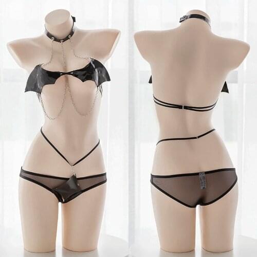 Sexy Little Devil Wings Chain Bandage Underwear Japanese Anime Cosplay Bikini Darkness Lolita Girl Intimates Bra Panty Set