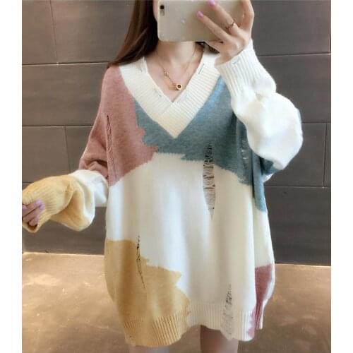 Spring/autumn women sweaters knitted loose sweaters v-neck destroyed women clothing pullovers students sweaters women coats