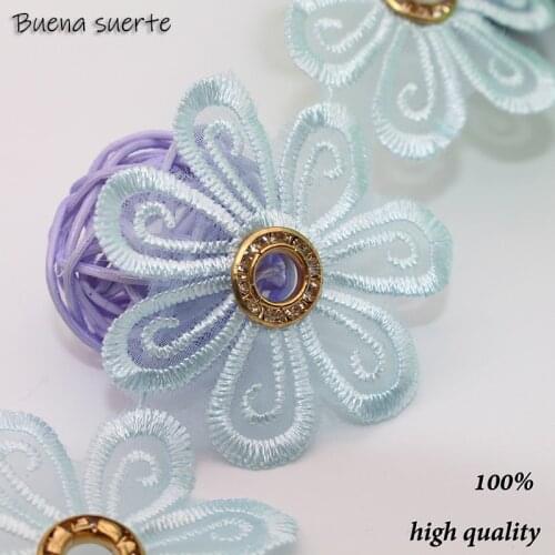 10x Blue&White 4.5cm Polyester Flower Rhinestones Embroidered Lace Trim Ribbon Sewing Supplies Craft for Clothing Decoration