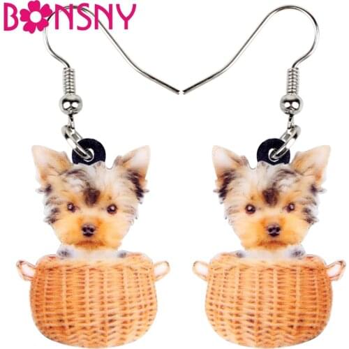 Bonsny Acrylic Sweet Basket Of Tiny Yorkshire Terrier Dog Earrings Dangle Drop Cartoon Animal Jewelry For Women Girls Statement