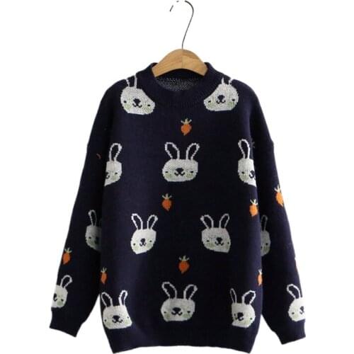 Cartoon Rabbit Jacquard Kawaii Women Sweaters 2021 Winter Warm Cute Knit Pullover Sweet Style Full Sleeve Female Jumpers Tops