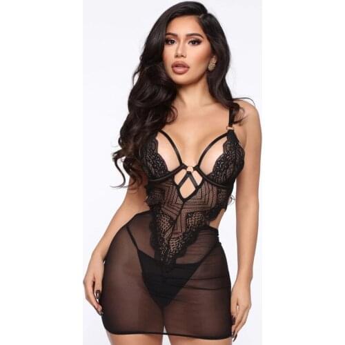 2020 popular womens lace mesh perspective hollowed out stitching sexy charm charm suspender Pajama dress