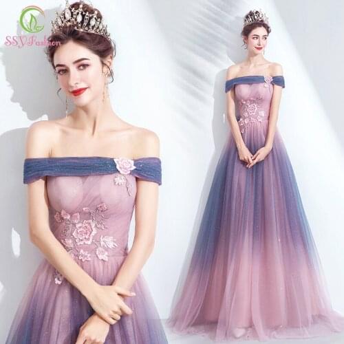 SSYFashion New Romantic Gradient Pink Evening Dress Boat Neck Lace Appliques Floor-length Prom Formal Gown Vestidos De Noche