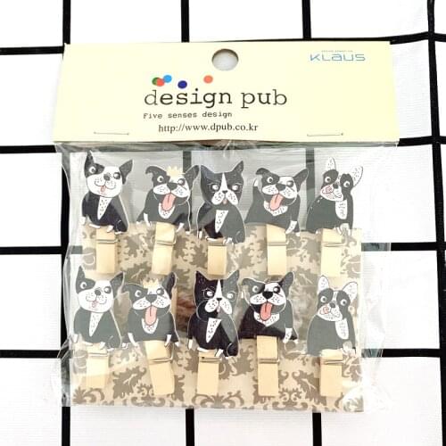 10pcs Cartoon Pug Dog Wooden Paper Clips School office decoration clips Bookmark for Album Memo Message Photo Clip With Rope