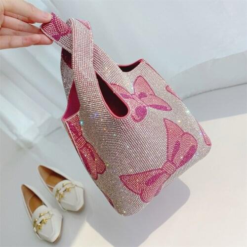 2021 New Fashion Female Bag Colorful Diamond Bowknot Vegetable Basket Bucket Bag Pink Rhinestone Purses and Handbags Sac A Main