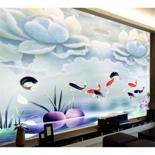Beibehang Customized Wallpaper 3D Mural Ultra HD Jade Carp Lotus Carp Background Wall Home Decoration Painting papel de parede