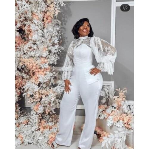 White Lace 2021 Jumpsuit Prom Dresses Aso Ebi Arabic Long Sleeves High Neck African Evening Gowns Plus Size