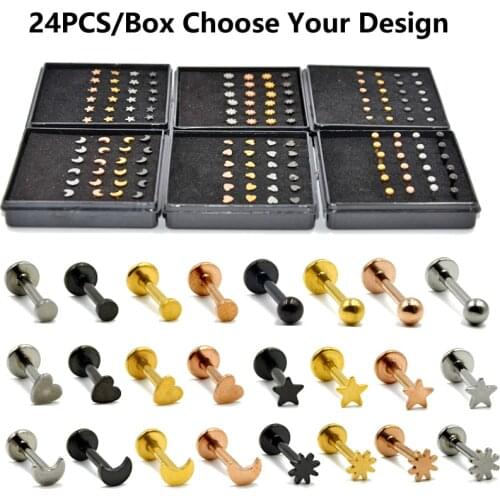 BOG-24PCS/Lot 316L Surgical Steel Charming Labrets Stud Ring Ear Tragus Cartilage Ball Lip Ring Earrings Body Piercing Jewelry