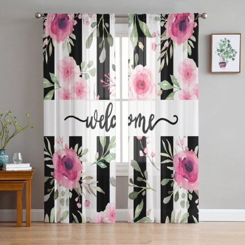 Flowers Black Stripes Wedding Welcome Tulle in Sheer Curtains for Living Room Bedroom Kitchen Window Treatment Chiffon Curtain