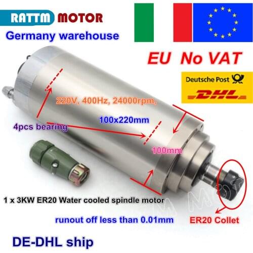 UKR CNC 3KW Water Cooled Cooling Spindle motor ER20 12A 4 Bearings 100x220mm 220V for CNC ROUTER ENGRAVING MILLING