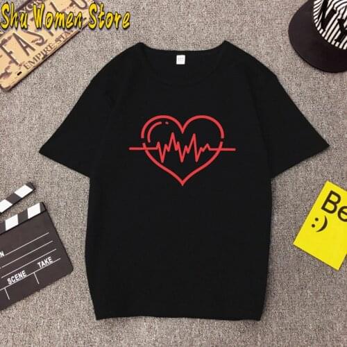 Lines of heart electrocardiogram heart pulse heart loving couples valentine s day O-Neck Casual Girls Large Size Harajuku Wome