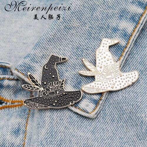Meirenpeizi Hat Enamel Pins Cap Have Moon and stars pattern Cartoon cute badge Halloween jewelry Magic beginner gift