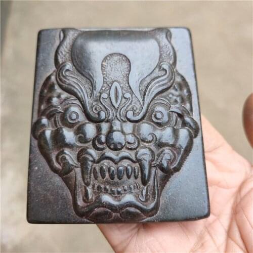 Hongshan culture archaize black iron meteorite sculpture luck art Meteorite animal face energy statue #008
