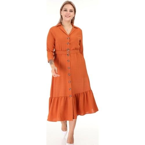 Kadın Artı Beden Etek Büzgü Önü Düğme Detay Kemer Truvakar Kol Elbise Orange L1626