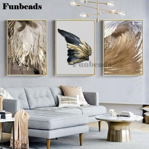 Full square, round diamond painting embroidery jigsaw puzzle golden wings feather diamond things Mosaic wall art decor FF4196