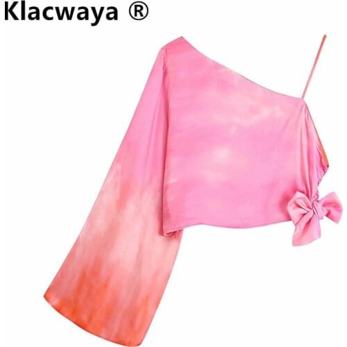 Klacwaya 2021 New Women Sexy Tie Dyed Printing Asymmetric Short Shirt Ladies Bow Casual Slim Blouse Roupas Chic Summer Crop Tops