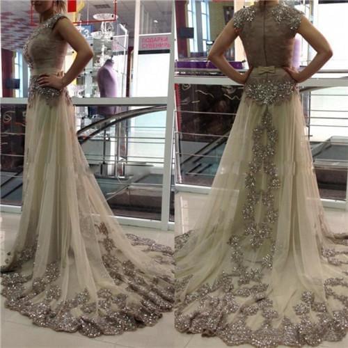 Muslim Evening Dresses A-line Cap Sleeves Tulle Appliques Beaded Moroccan Kaftan Dubai Saudi Arabia Long Prom Dress Gown