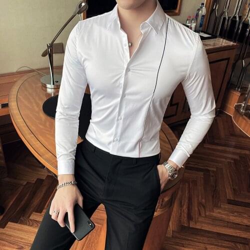 Line Embroidery Shirts for Men 2021 Spring Business Slim Fit Formal Long Sleeve Shirt Male Casual Clothing Tops Camisas Hombre