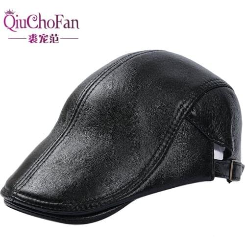 Mens Winter Hat Thicker Warm Cowhide Leather Berets With Ears Snapback Brands Fashion Tongue Cap Male Bone Dads Hats