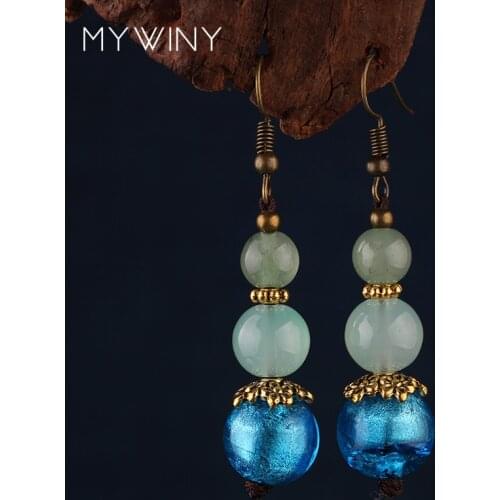 MYWINY ethnic drop long dangle earrings for women bule stone Manual coloured glaze beads vintage pearl earrings