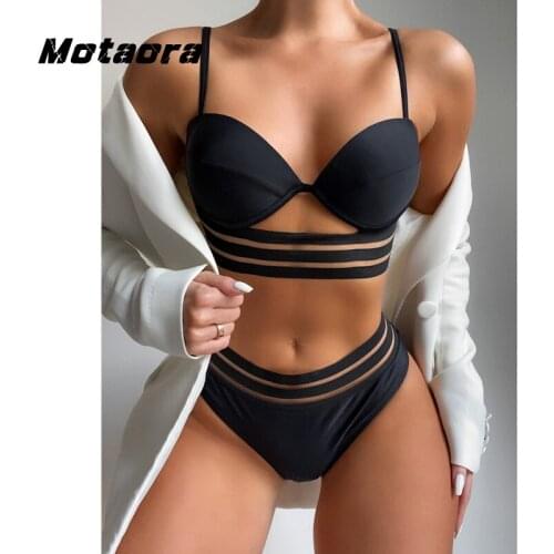 New Solid Black Bather Bathing Suit Sexy High Cut Bikini Push Up Halter Swimsuit Women Two Piece Hollow Out Swimwear Female Swim