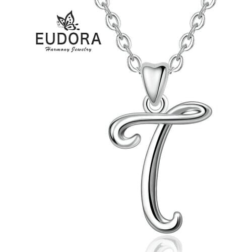 EUDORA NEW 925 Sterling Silver T Letter Name Pendant Necklace For Women Man Fashion Personalized t Charm Fine Jewelry CYD109T