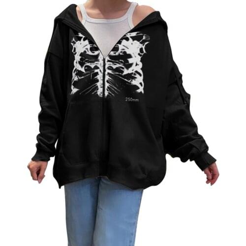 Autumn Winter Women Hooded Sweater Adults Skeleton Print Long Sleeve Cardigan Black Brown