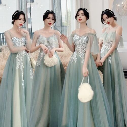 Bridesmaids Dresses Illusion Appliques Lace Tulle Short V-Neck Spaghetti Straps Off The Shoulder Women Wedding Party Gown E273