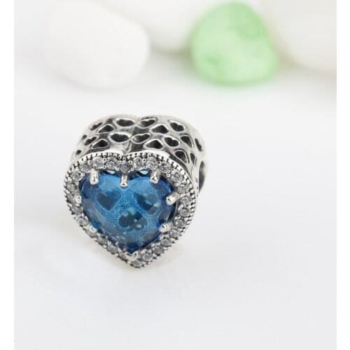 925 Sterling Silver Heart Charm with Blue CZ for Love Hollow Charms Fits Charm Bracelet Bangles DIY Accessories Jewelry