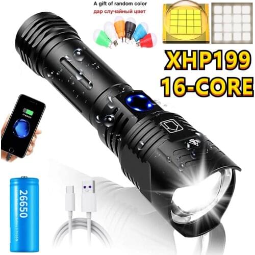Super Bright XHP199 LED Flashlight Powerful XHP99 Waterproof Torch USB Rechargeable 18650 Lantern Portable Zoom Camping Light