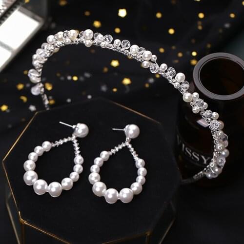 Bridal Jewelry Set Pearls Beaded Headbands for Women Wedding Hair Accessories Tiaras and Crowns Earring Jewelry Sets FORSEVEN