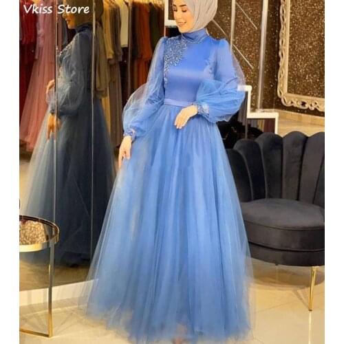 A-line Blue Evening Dress Floor Length For Wedding Long Sleeves Muslim High Neck Applique Bead Prom Dress платья знаменитостей