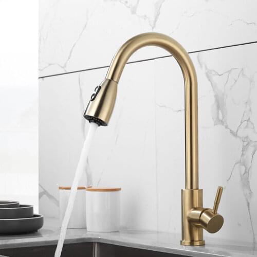 Tuqiu Brushed Gold Kitchen Faucet Single Handle Pull Out Kitchen Tap Single Hole Handle Swivel Kitchen Mixer Tap Mixer Tap