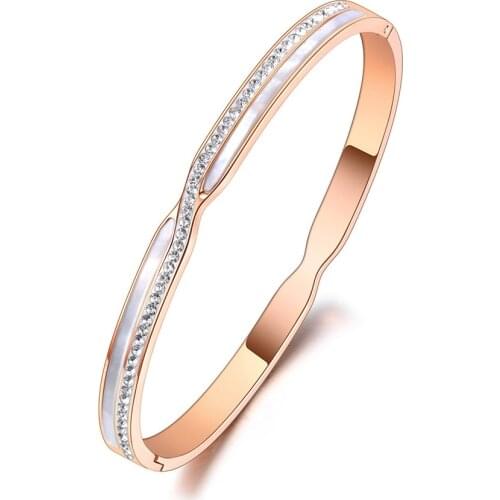 Trendy CZ Crystal 5mm Cuff Bangles For Women White Shell Titanium Stainless Steel Bracelets Jewelry For Women B20188