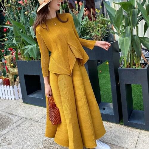 Miyake Pleated Ginger Yellow Sets Flower Bud Long Skirt Women 2 piece Skirt and Top 2021 Autumn Winter Aesthetic Clothes