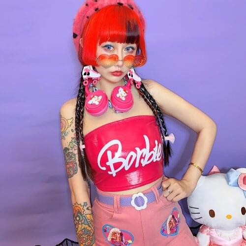 Rose Red Cool Sexy Tube Top Women Japanese Slim Pu Leather Bungee Short Top Harajuku Fashion Printed Streetwear Sling