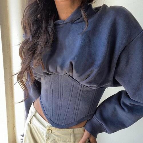 2021 New Patchwork Pullover Sweatshirt For Female With Hat Long Sleeve Cropped Pure Color Womens Casual Sweatshirt Fashion Tide