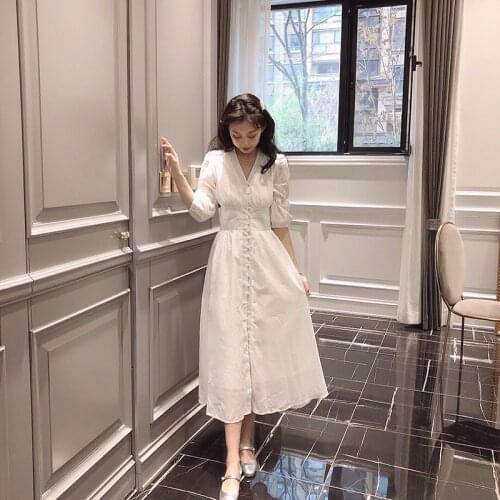 2019 spring summer new womens French retro dress over the knee high waist puff sleeve v neck split fork sexy dress Female m42