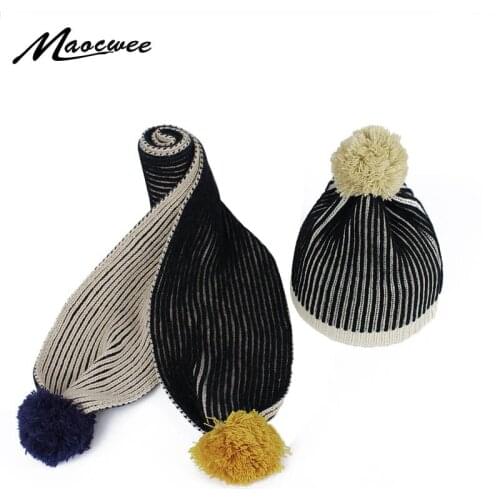 Girls Winter Hat And Scarf Set Solid Beanies With Faux Fur Pompom Wool Winter Warm Knitted Scarves Stripe Skullies Beanies