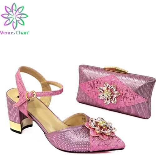 Mature Style African Ladies Shoes and Bag To Match Slingbacks Decorate with Rhinestone for Christmas Party in Pink Color
